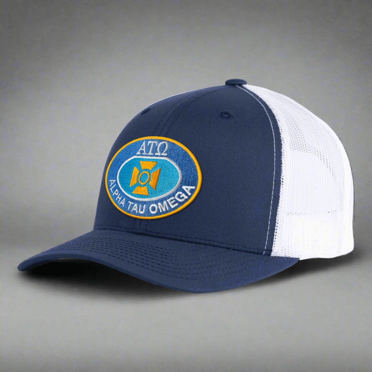 Alpha Tau Omega navy and white trucker hat with embroidered fraternity patch