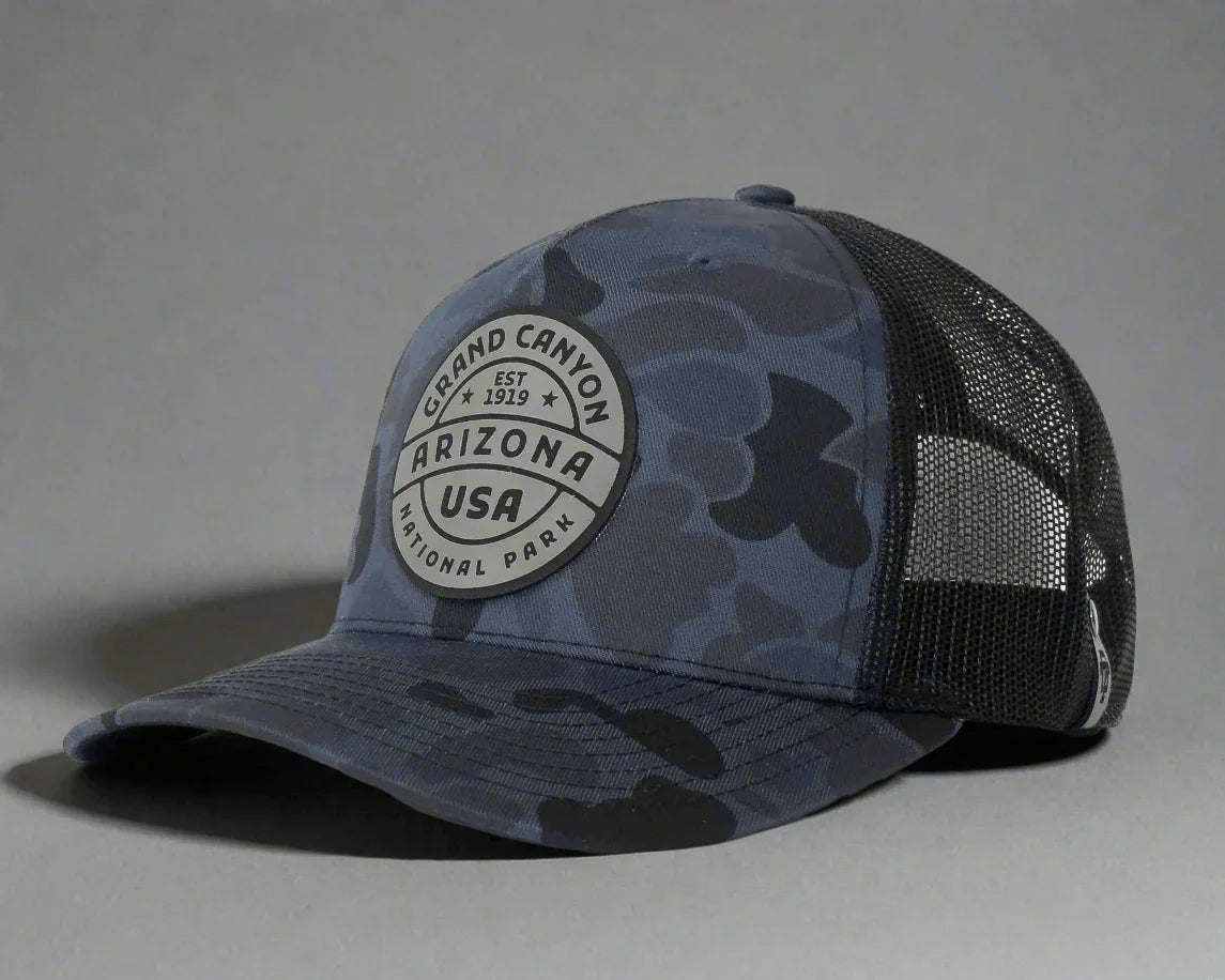 Blue camo Grand Canyon Arizona National Park trucker hat with mesh back panel