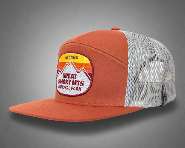 Orange mesh trucker hat with Great Smoky Mountains National Park patch and mountain design