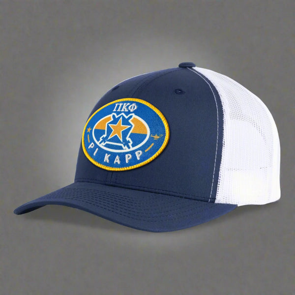 Navy and white trucker hat with Pi Kapp embroidered patch logo on front
