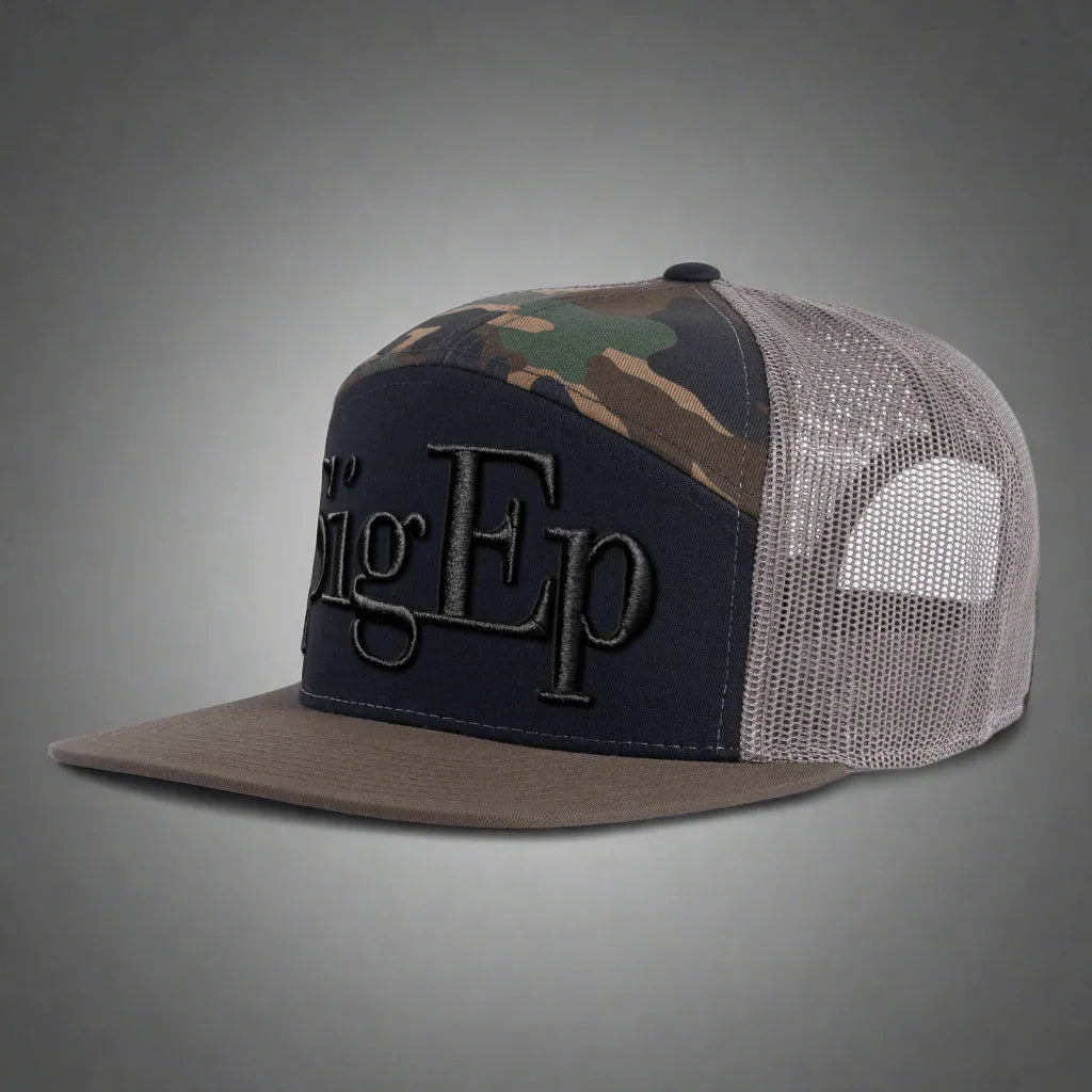 SigEp black camo and loden mesh trucker hat with large embroidered logo on front panel