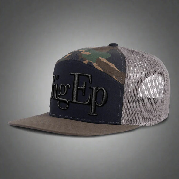 SigEp black camo and loden mesh trucker hat with large embroidered logo on front panel