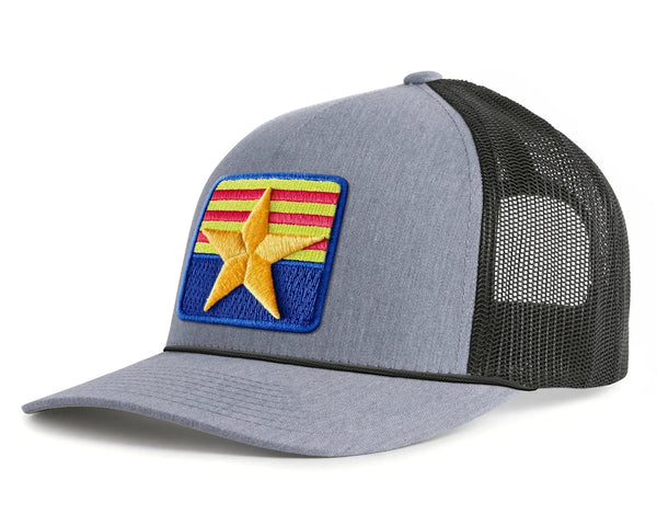 Heather grey and black mesh trucker hat with Arizona star badge patch on front