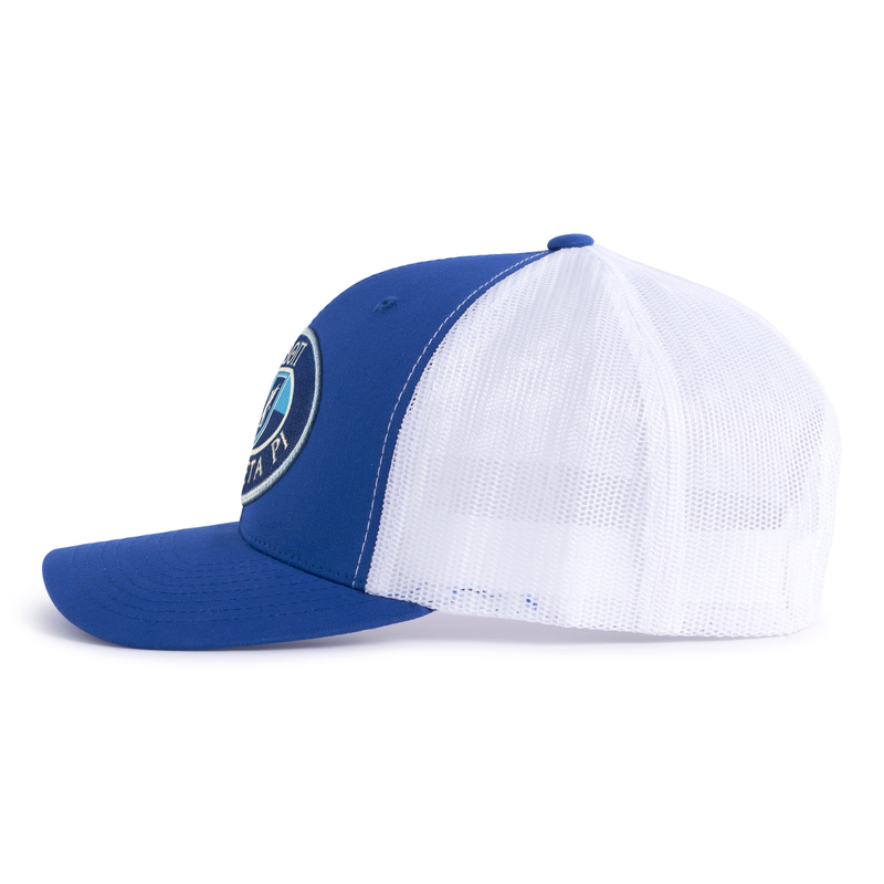 BETA 6-Panel Curved Royal/White Frat Hat side view - Tailgate Hats