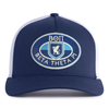 BETA 5-Panel Curved Navy/White Frat Hat front view - Tailgate Hats