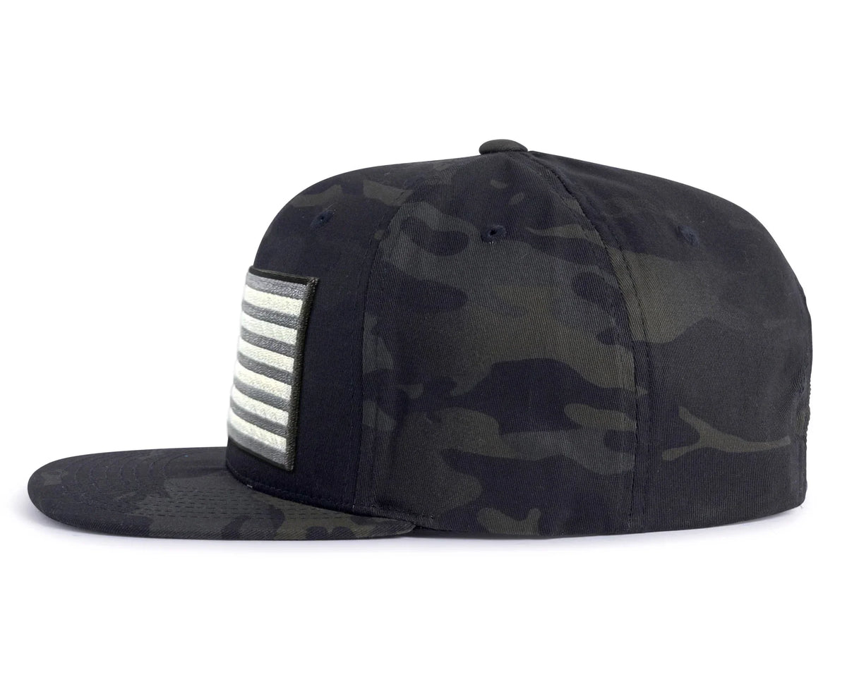 USA BIG FLAG 6 - Panel Flat Camo Hat Black - Tailgate Hats