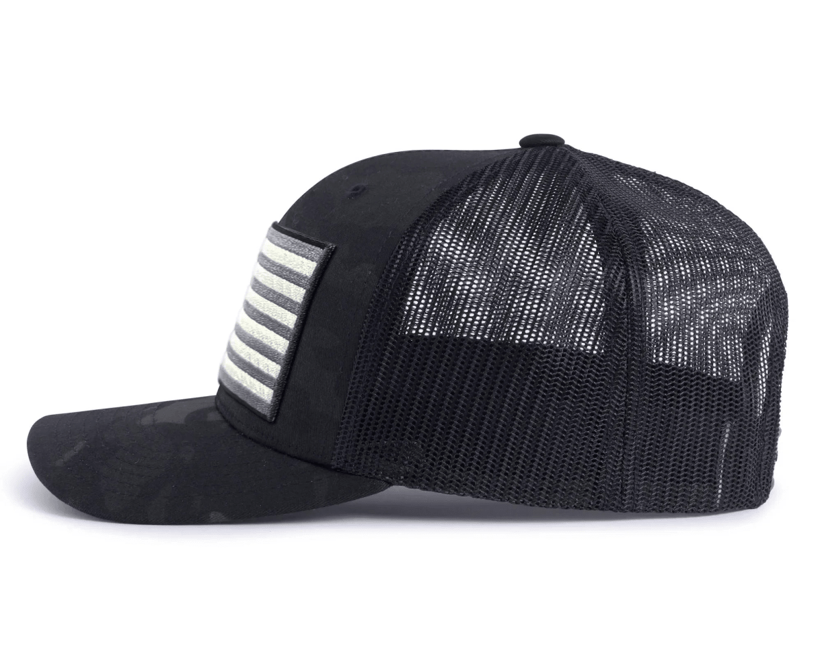 USA BIG FLAG 6 - Panel Curved Camo Hat Black - Tailgate Hats