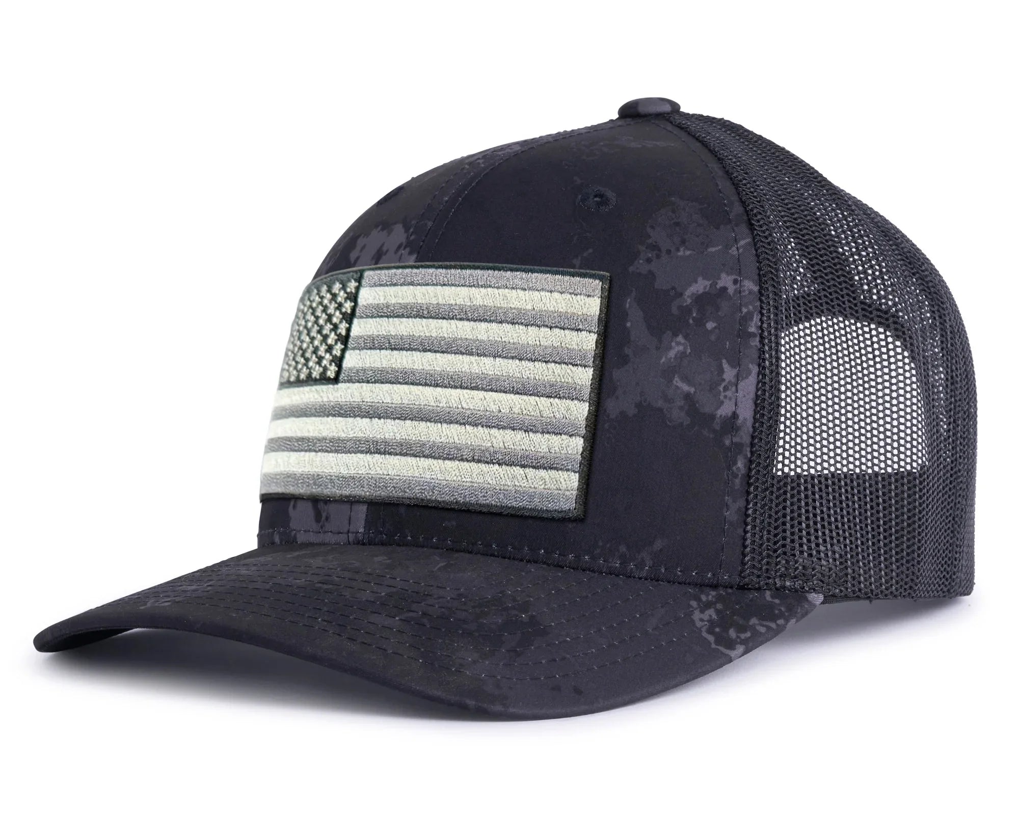 USA BIG FLAG 6-Panel Curved Veil Camo Hat Black
