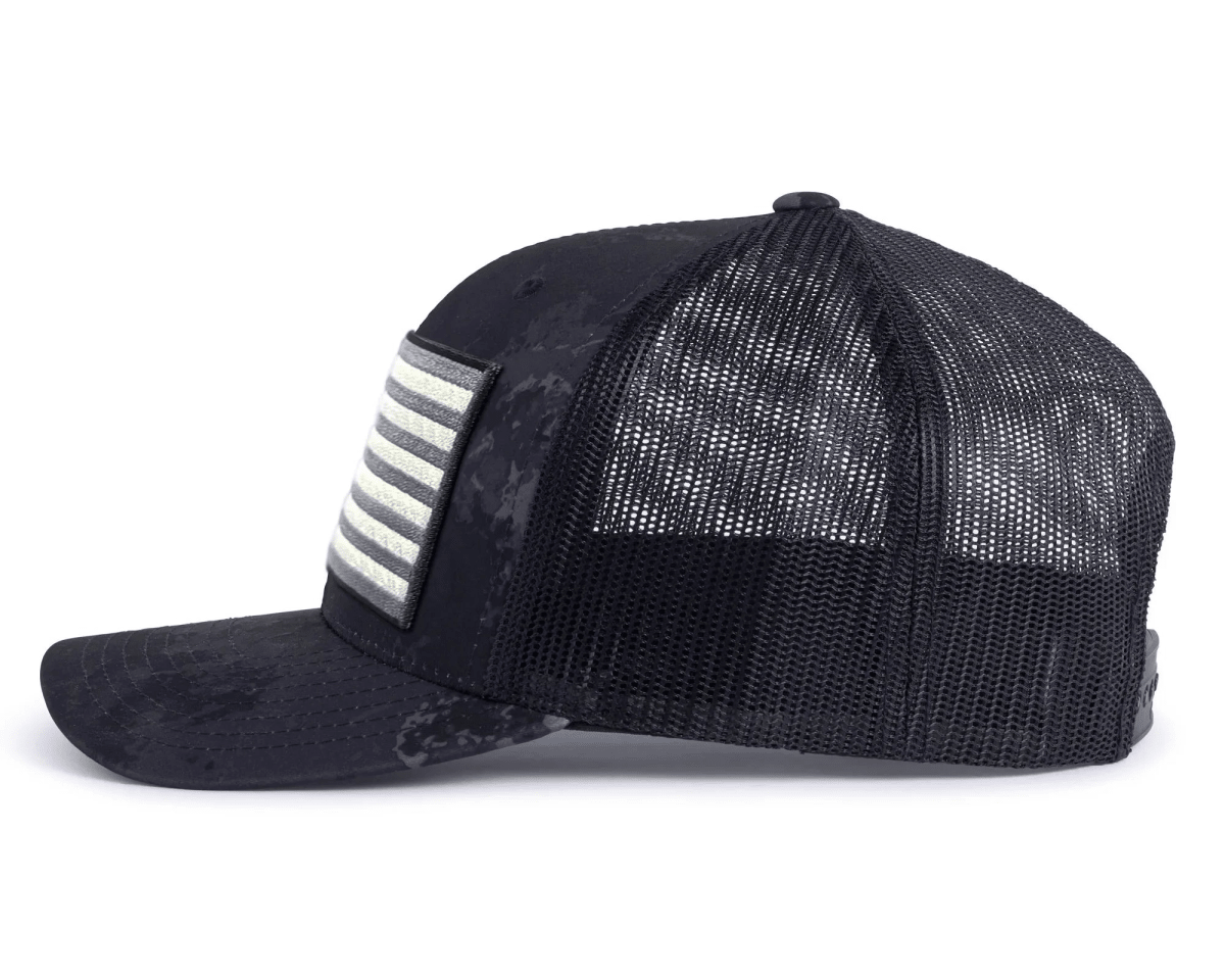 USA BIG FLAG 6 - Panel Curved Veil Camo Hat Black - Tailgate Hats