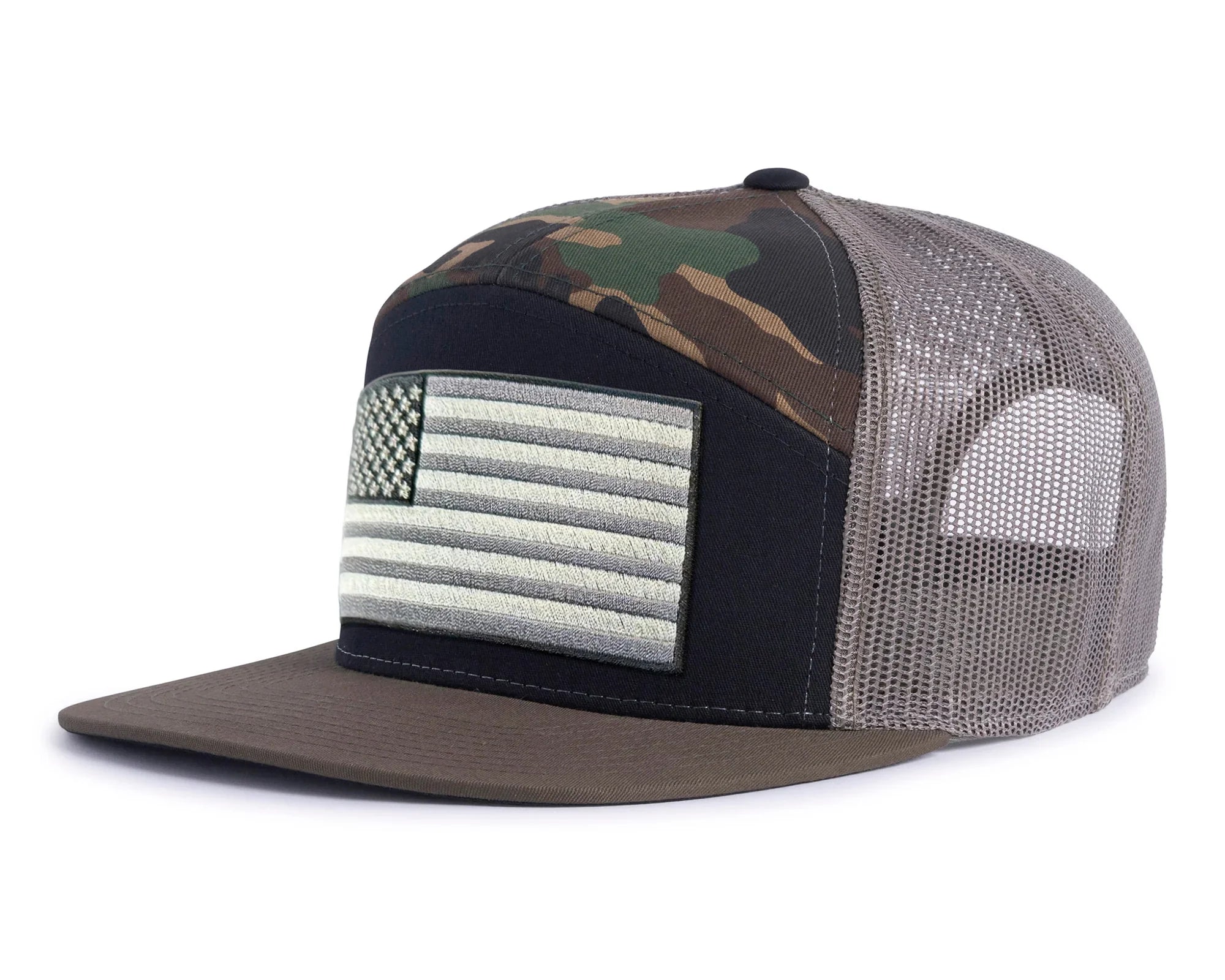 USA BIG FLAG 7-Panel Flat Camo Hat, Richardson 168 Black