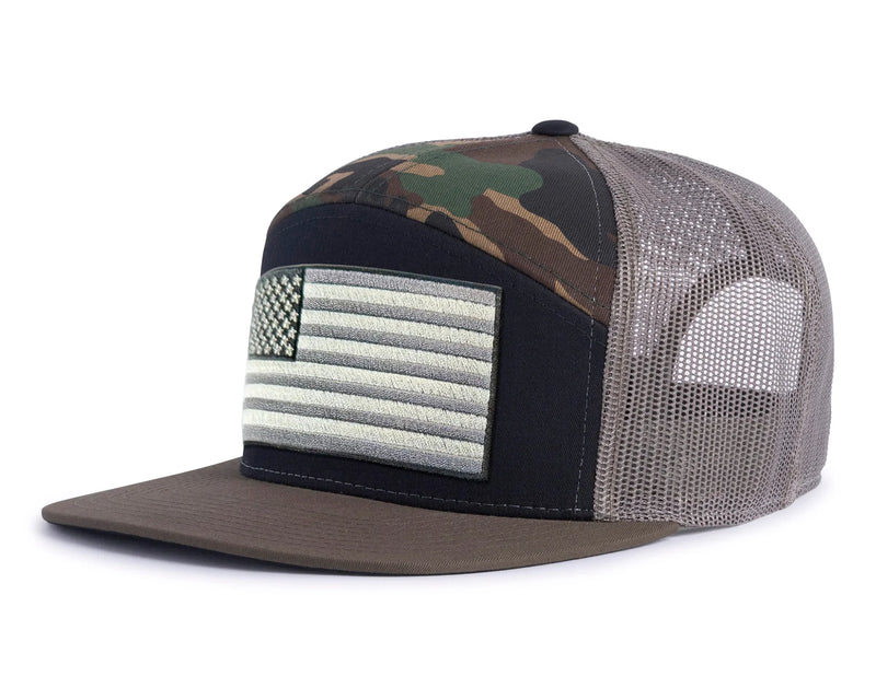 USA BIG FLAG 7-Panel Flat Camo Hat, Richardson 168 Black