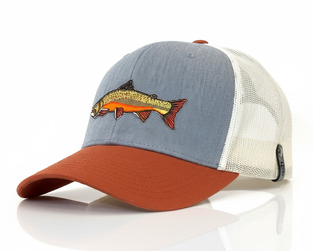Trucker hat with red brim and gray mesh back on a white background
