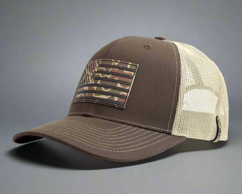 PVC Camo Flag 6-Panel Curved Cap, Richardson 112 Brown