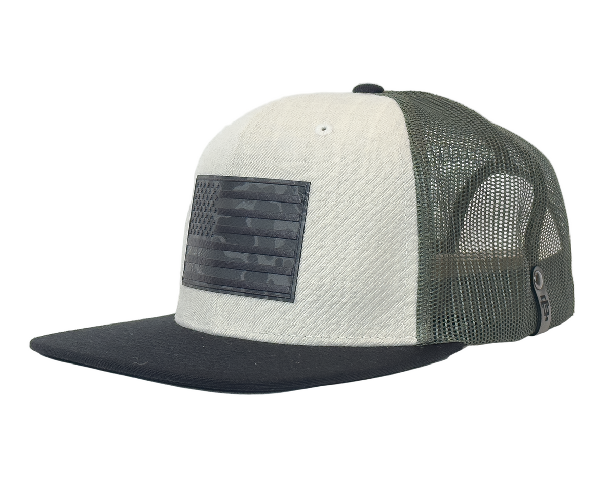 Trucker hat with black and white design on a white background