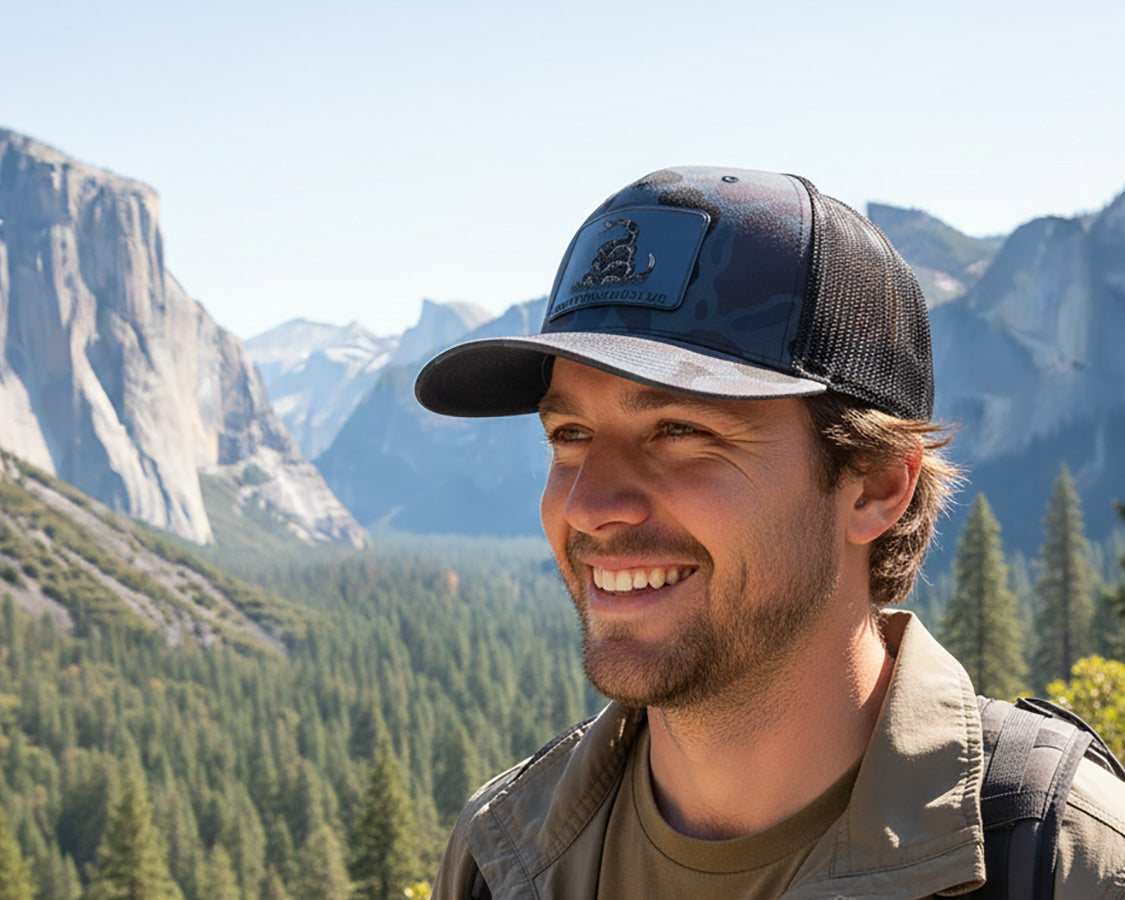 DON'T TREAD ON ME 5-Panel Curved Camo Hat, Richardson 112PFP Blue