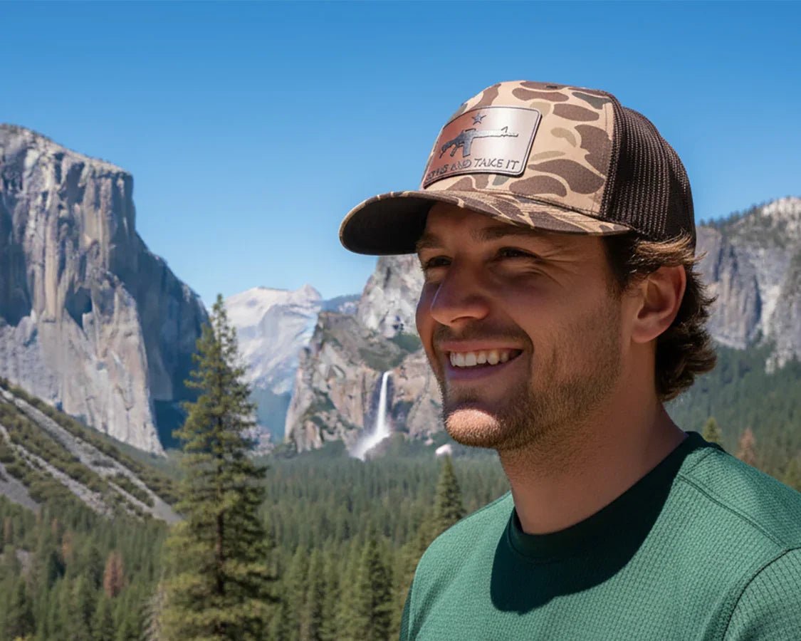 COME AND GET IT 5 - Panel Curved Camo Hat, Richardson 112PFP Brown - Tailgate Hats