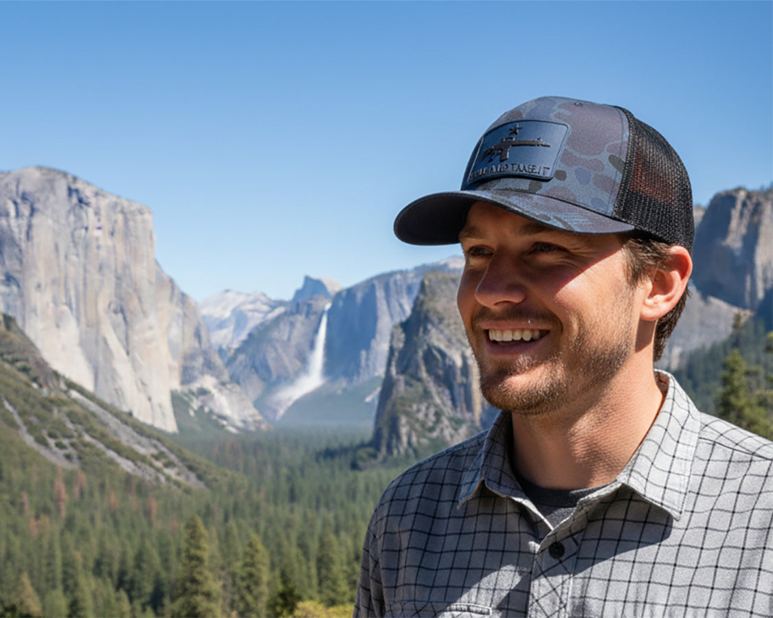 COME AND GET IT 5-Panel Curved Camo Hat, Richardson 112PFP Blue