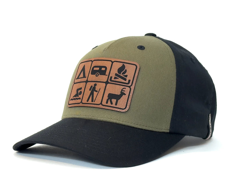 CAMPING BADGE 5-Panel Curved Snapback, Richardson 112FP Green