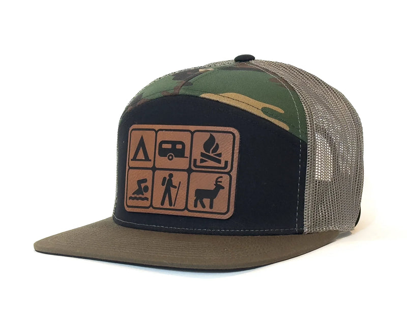 CAMPING BADGES 7-Panel Flat Bill Camo Cap, Richardson 168 Black