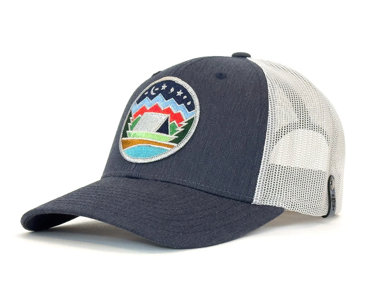 Navy blue and white cap with a colorful logo on a white background