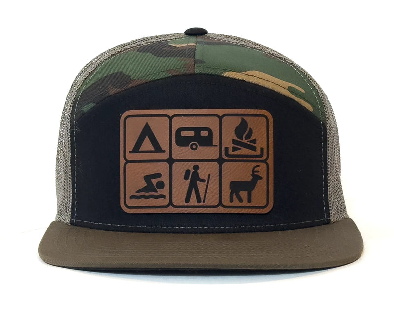 CAMPING BADGES 7-Panel Flat Bill Camo Cap, Richardson 168 Black