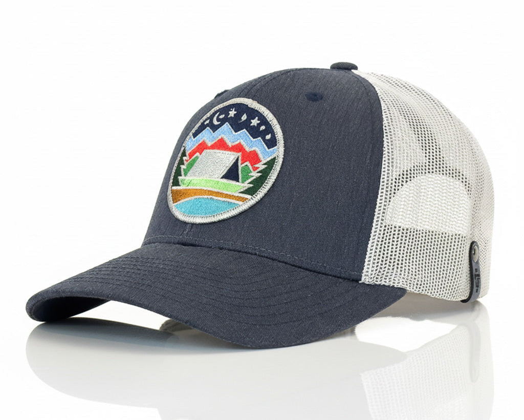 Blue trucker cap with a colorful logo on a white background
