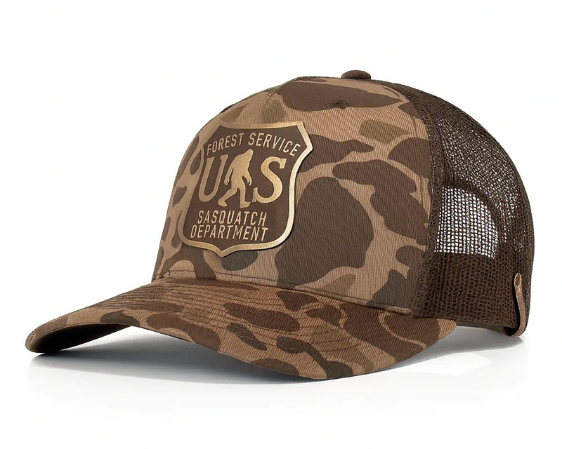 SASQUATCH 5-Panel Curved Camo Hat, Richardson 112 Brown