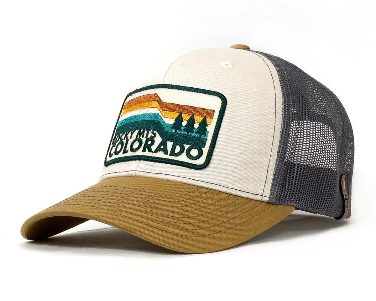 Trucker hat with a 'Mythical Colorado' logo on a white background