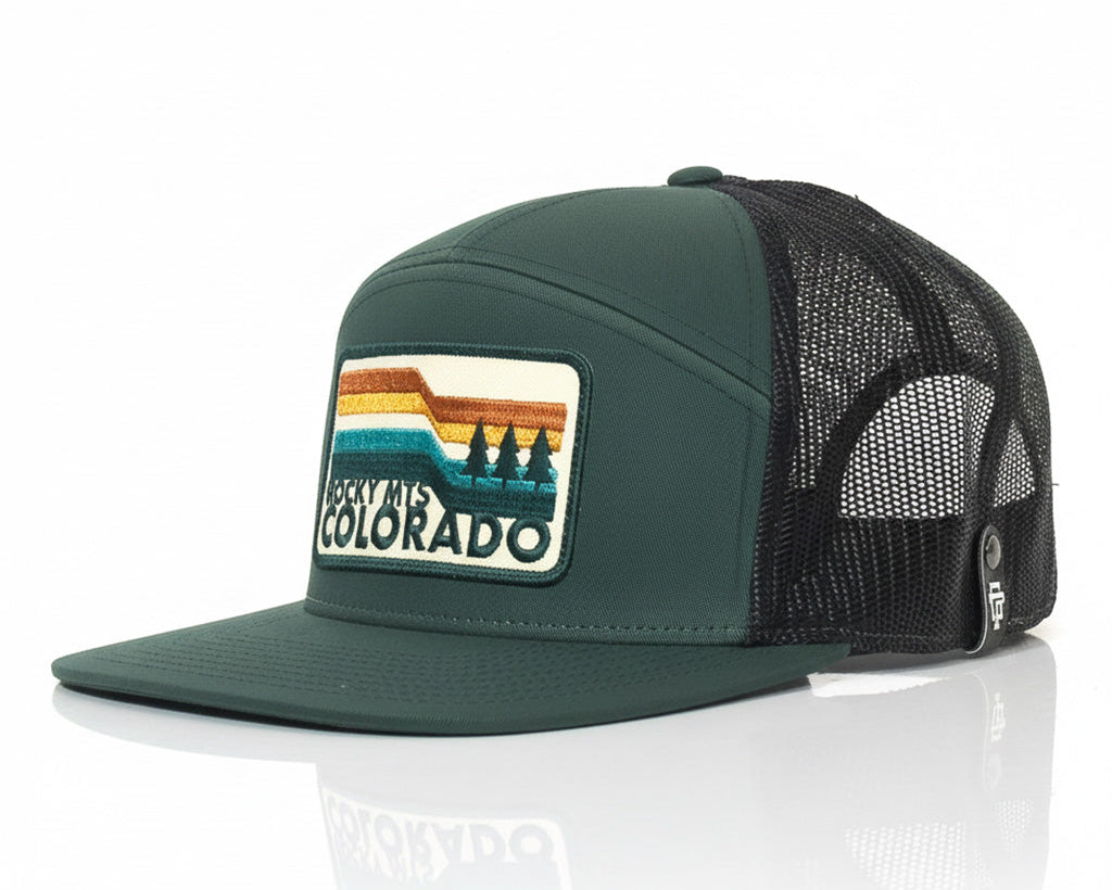 Green and black cap with 'Rocky Mountains Colorado' logo on a white background