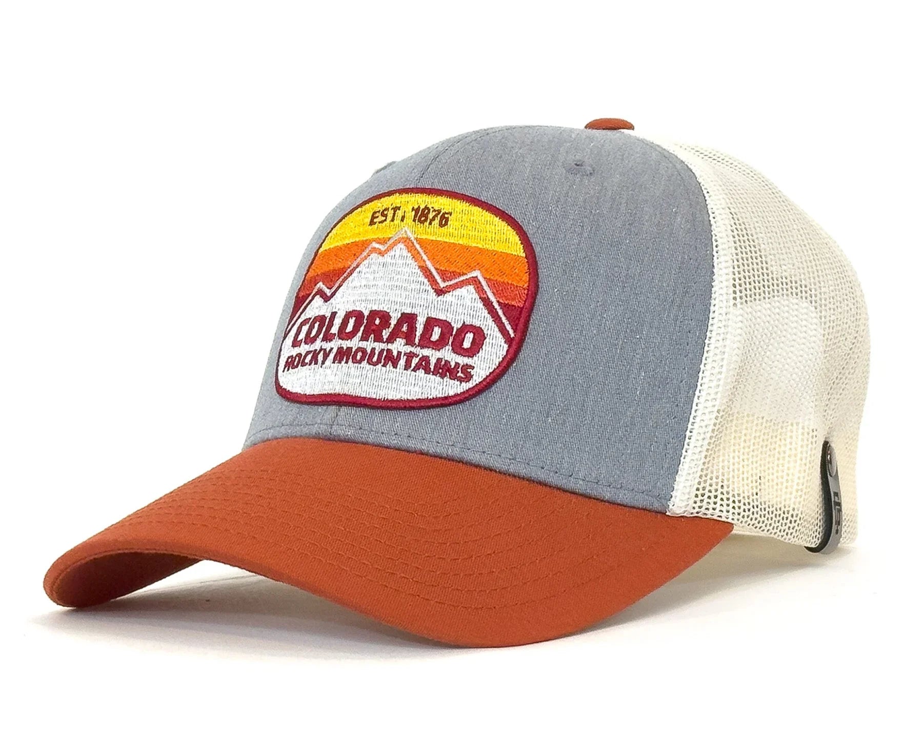 Gray and orange cap with a 'Colorado Rocky Mountains' patch on a white background