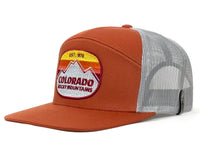 Orange and gray trucker hat with a Colorado Rocky Mountains patch on a white background