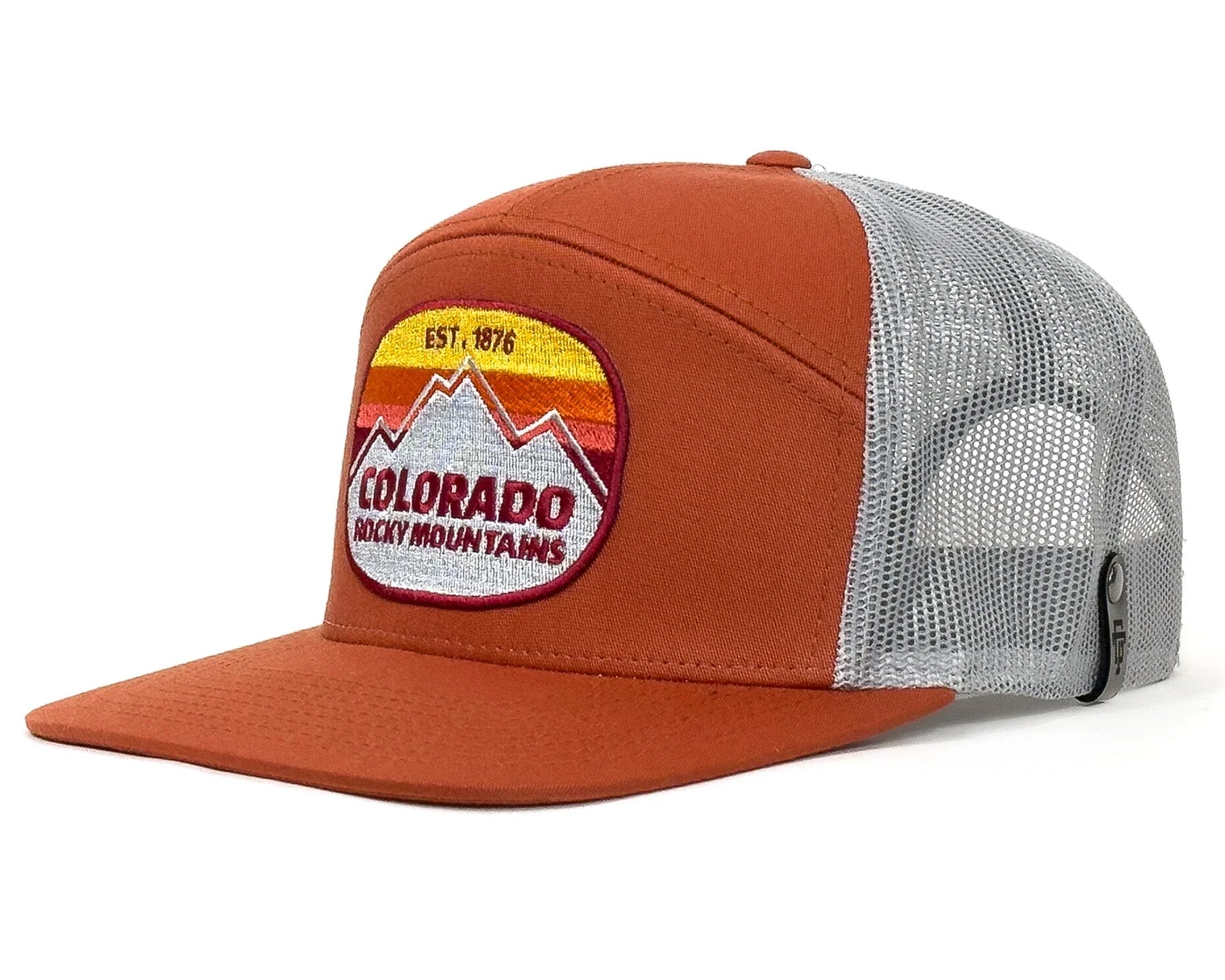 Orange and gray trucker hat with a Colorado Rocky Mountains patch on a white background