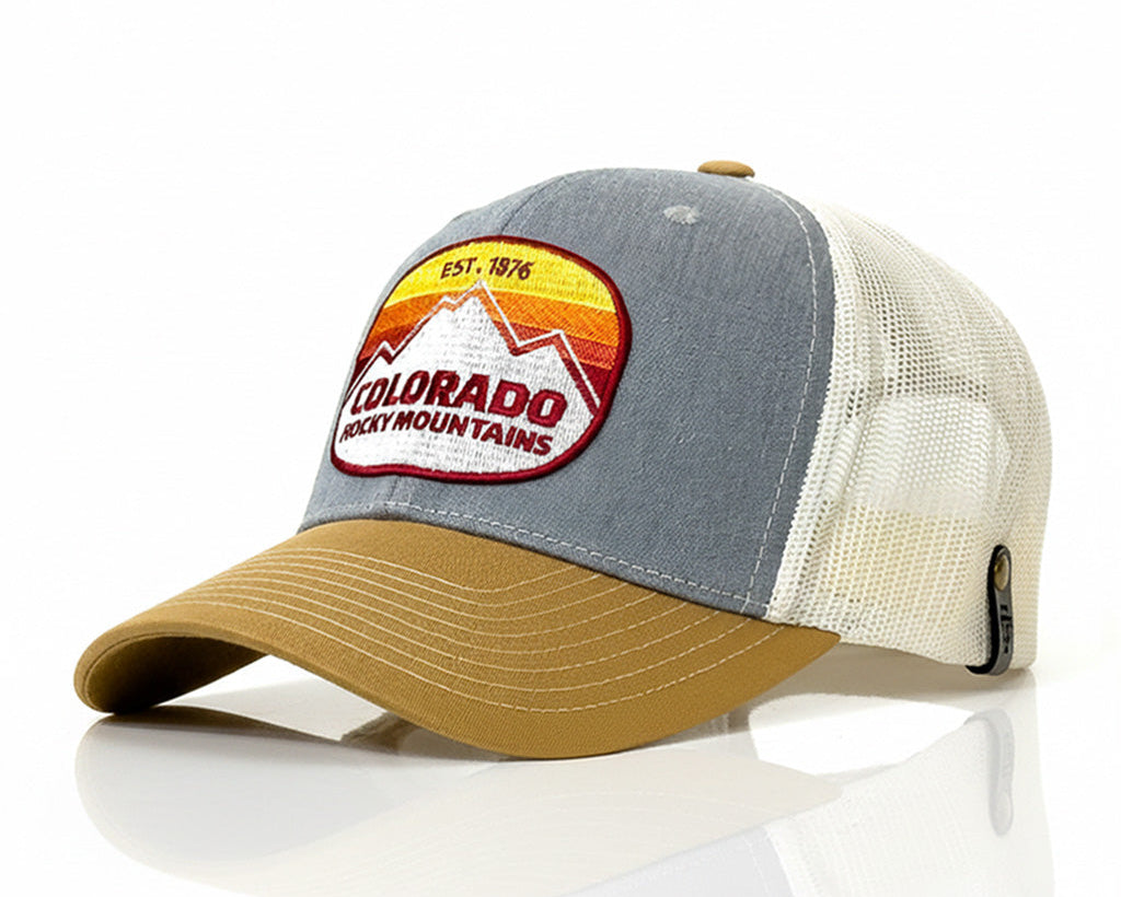 Trucker hat with Colorado Rocky Mountains design on a white background