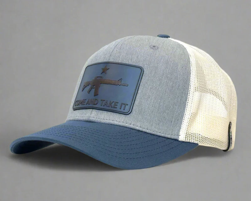 Gray and blue cap with a patch on a white background