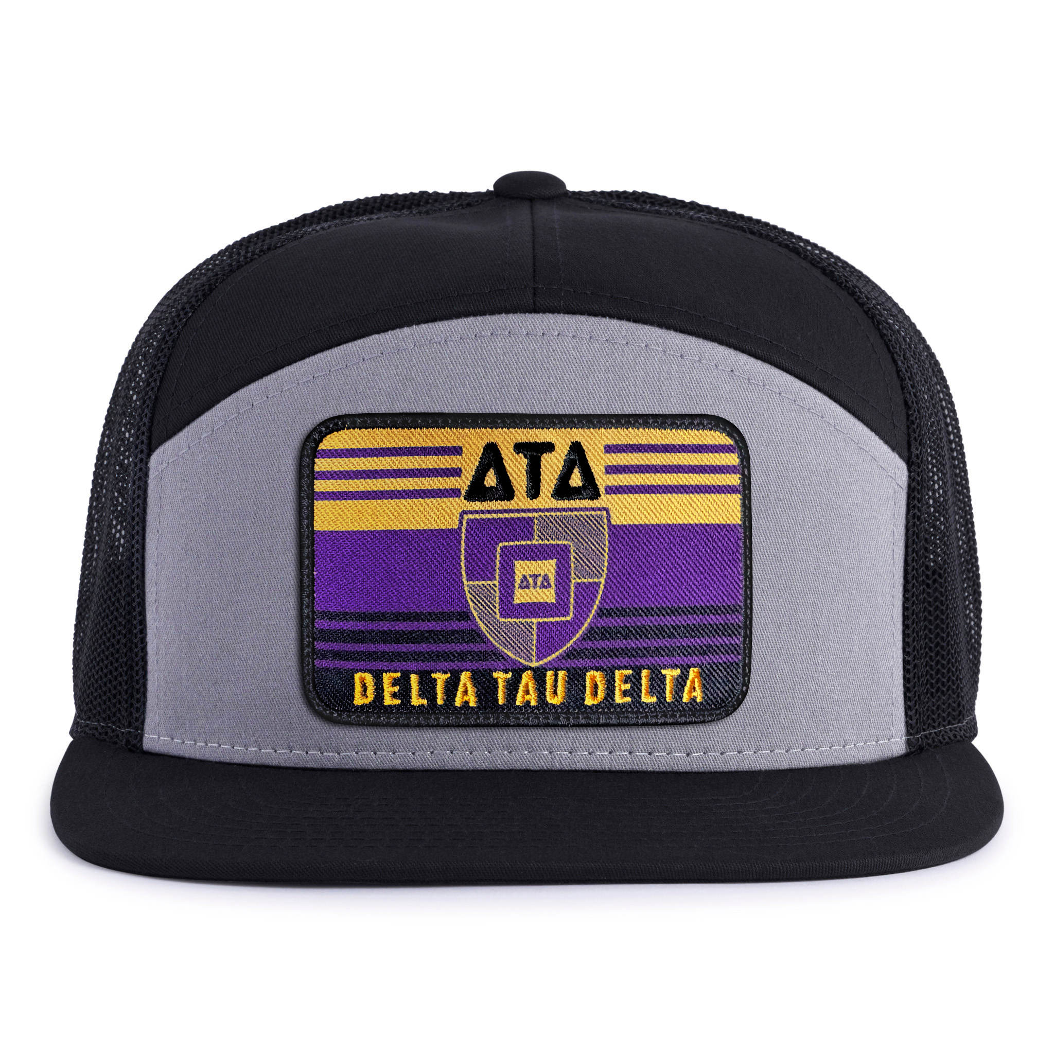 DELTA TAU DELTA 7-Panel Flat Bill Frat Hat, Richardson 168 Black