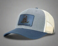 Blue and gray cap with a patch on a white background