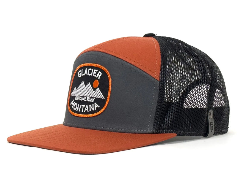 Gray and orange cap with Glacier National Park Montana logo on a white background