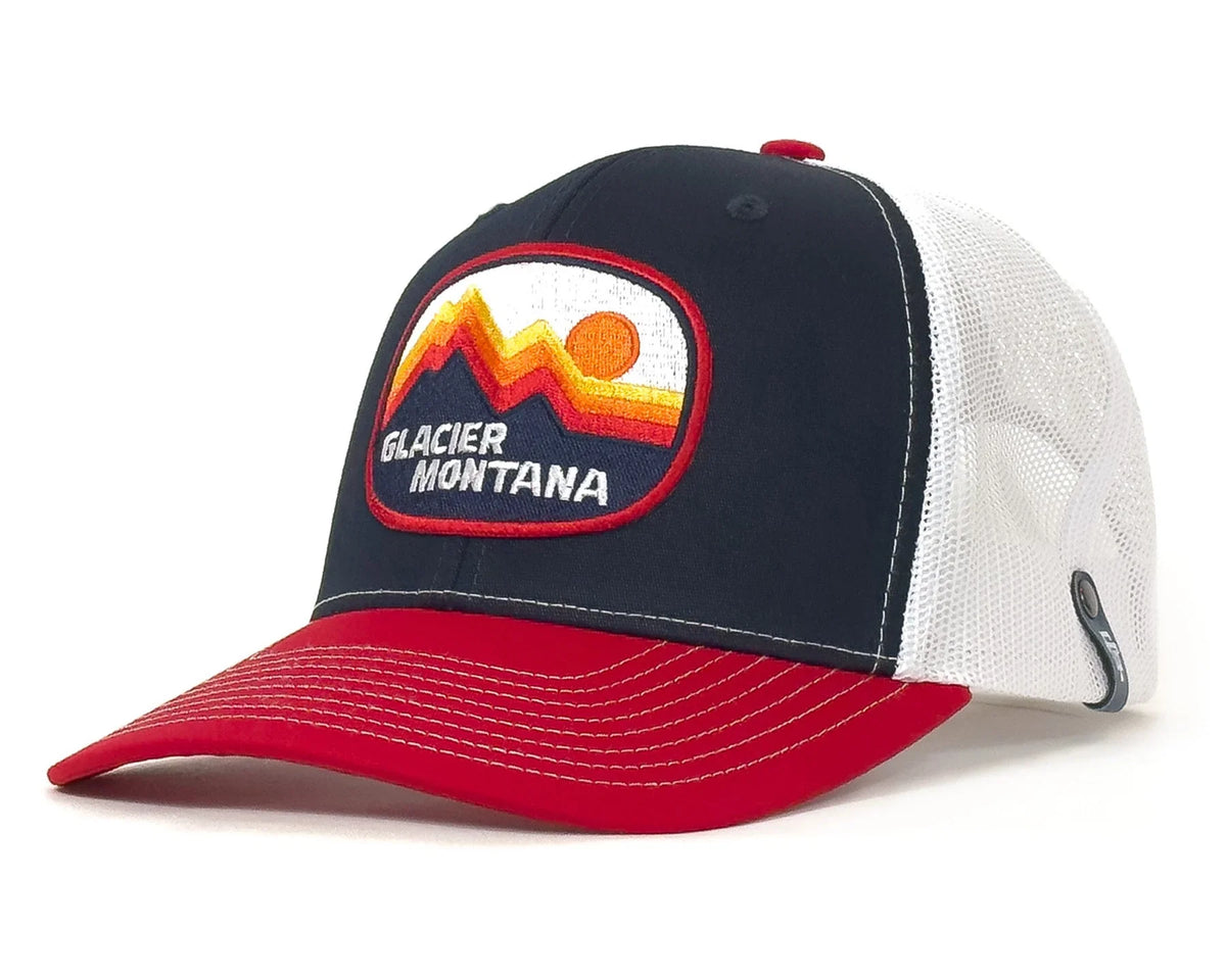 Trucker hat with Glacier Montana logo on a white background