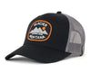 Black and gray cap with Glacier National Park Montana logo on a white background