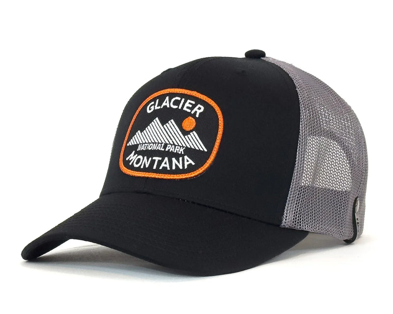 Black and gray cap with Glacier National Park Montana logo on a white background