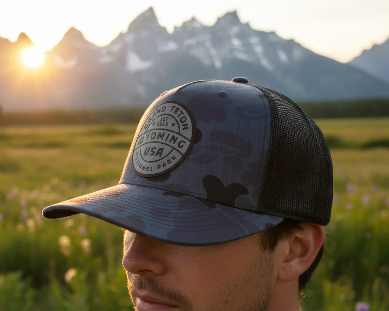 GRAND TETON 5-Panel Curved Camo Hat, Richardson 112 Navy