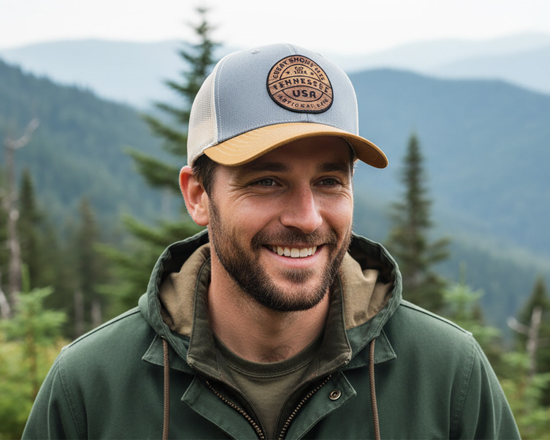 GREAT SMOKY MTS WOOD 6-Panel Curved Snapback, Richardson 112 Grey