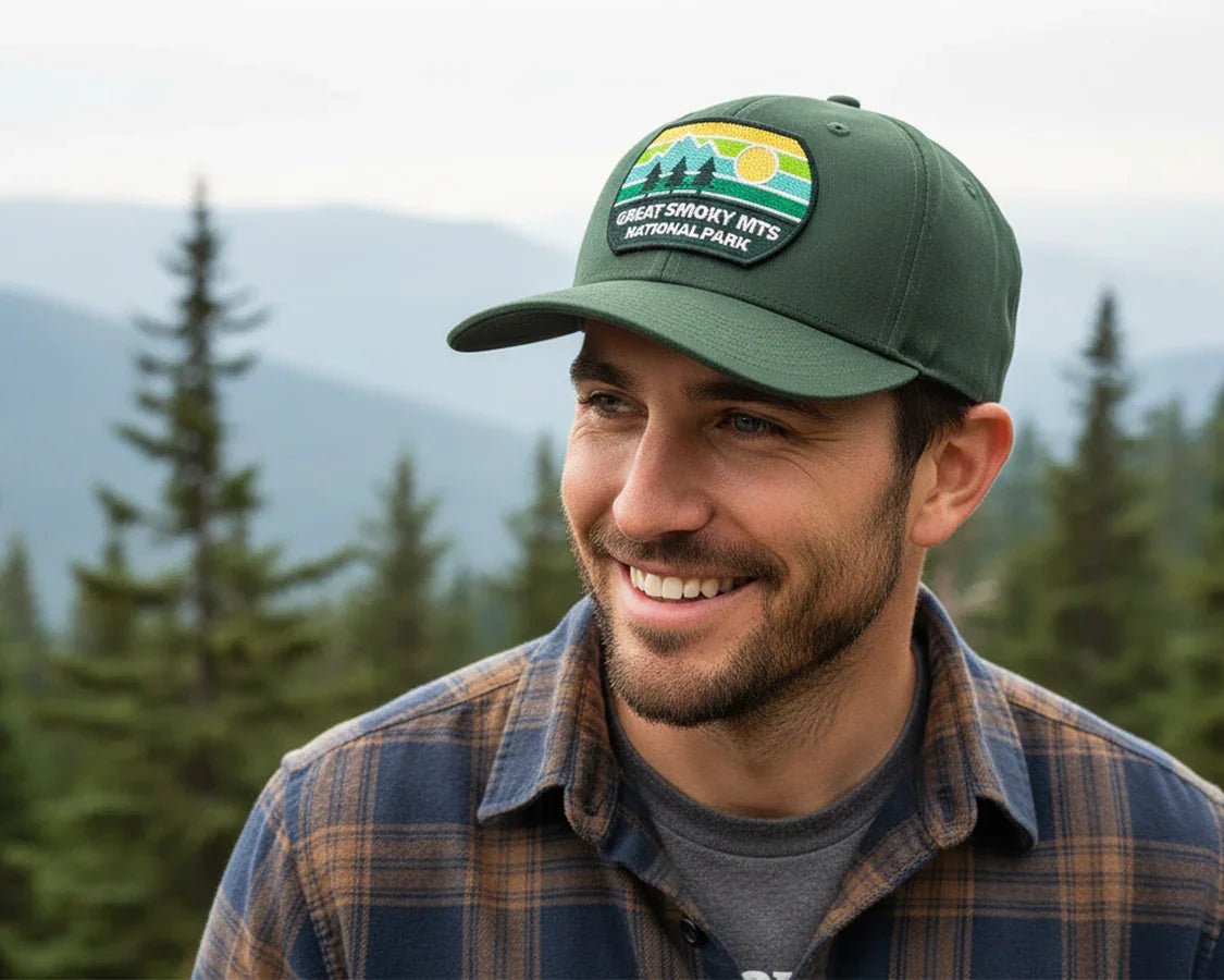 GREAT SMOKY MTS 5 - Panel Curved Snapback Green - Tailgate Hats