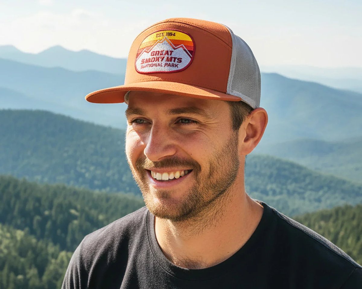 GREAT SMOKY MTS 7 - Panel Flat Bill Trucker, Richardson 168 Orange - Tailgate Hats