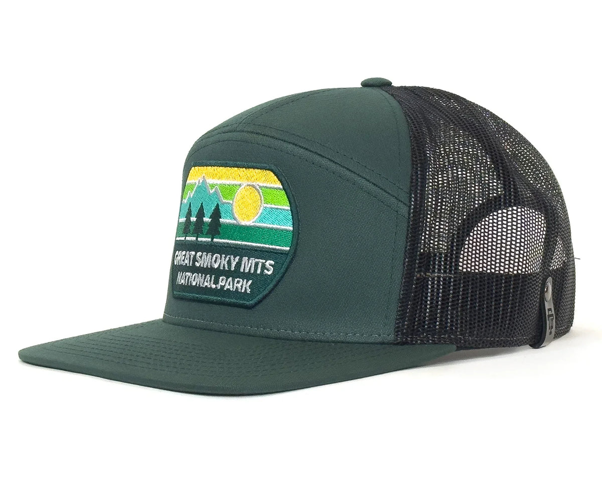 Green cap with a patch for Great Smoky Mountains National Park on a white background