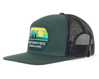Green cap with a patch for Great Smoky Mountains National Park on a white background