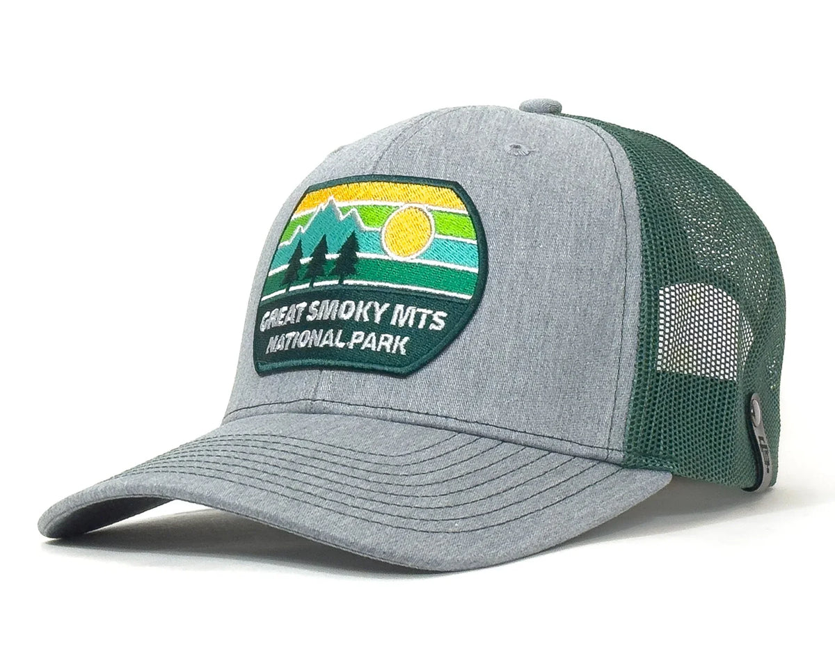 Gray and green cap with a 'Great Smoky Mts National Park' logo on a white background