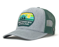 Gray and green cap with a 'Great Smoky Mts National Park' logo on a white background
