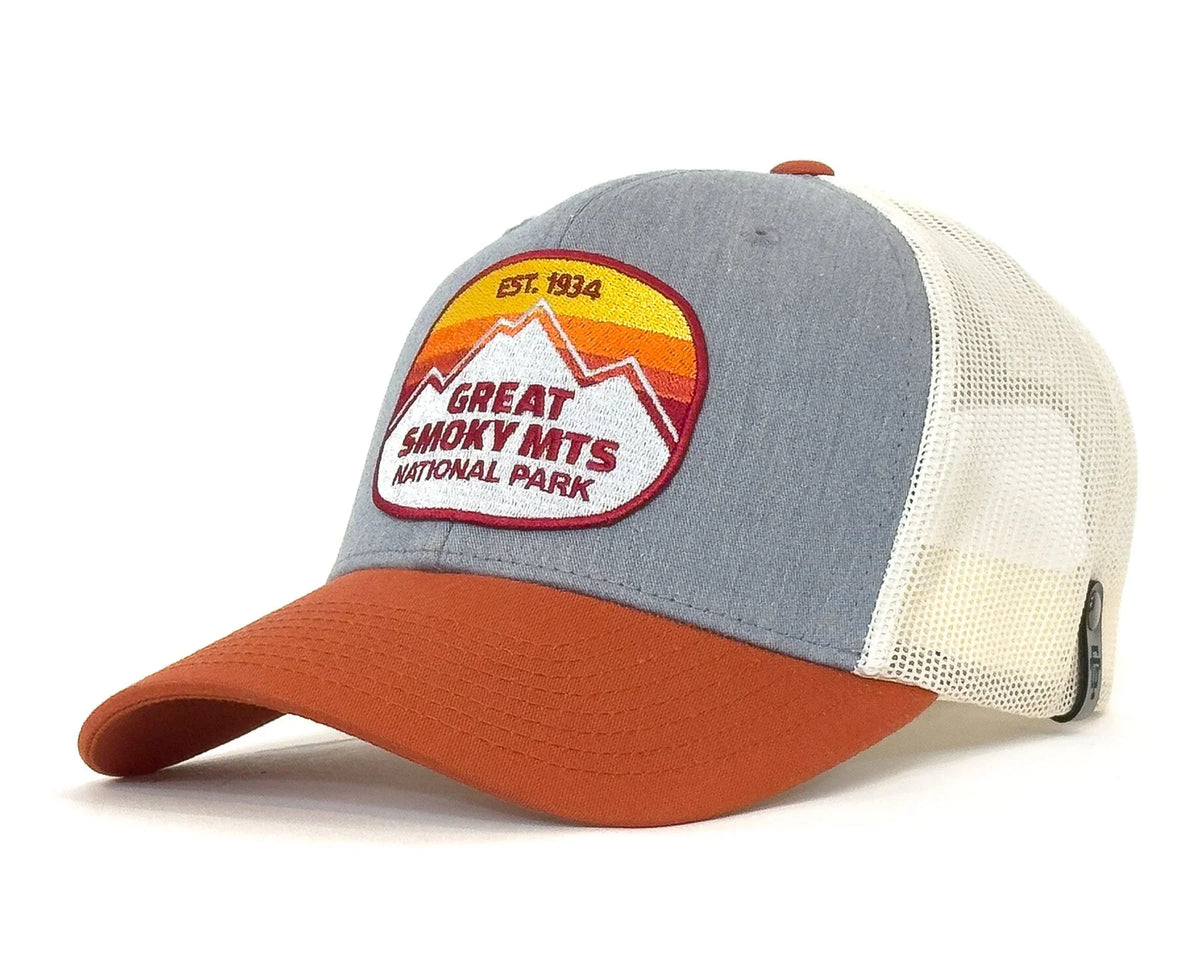 Trucker hat with Great Smoky Mountains National Park logo on a white background