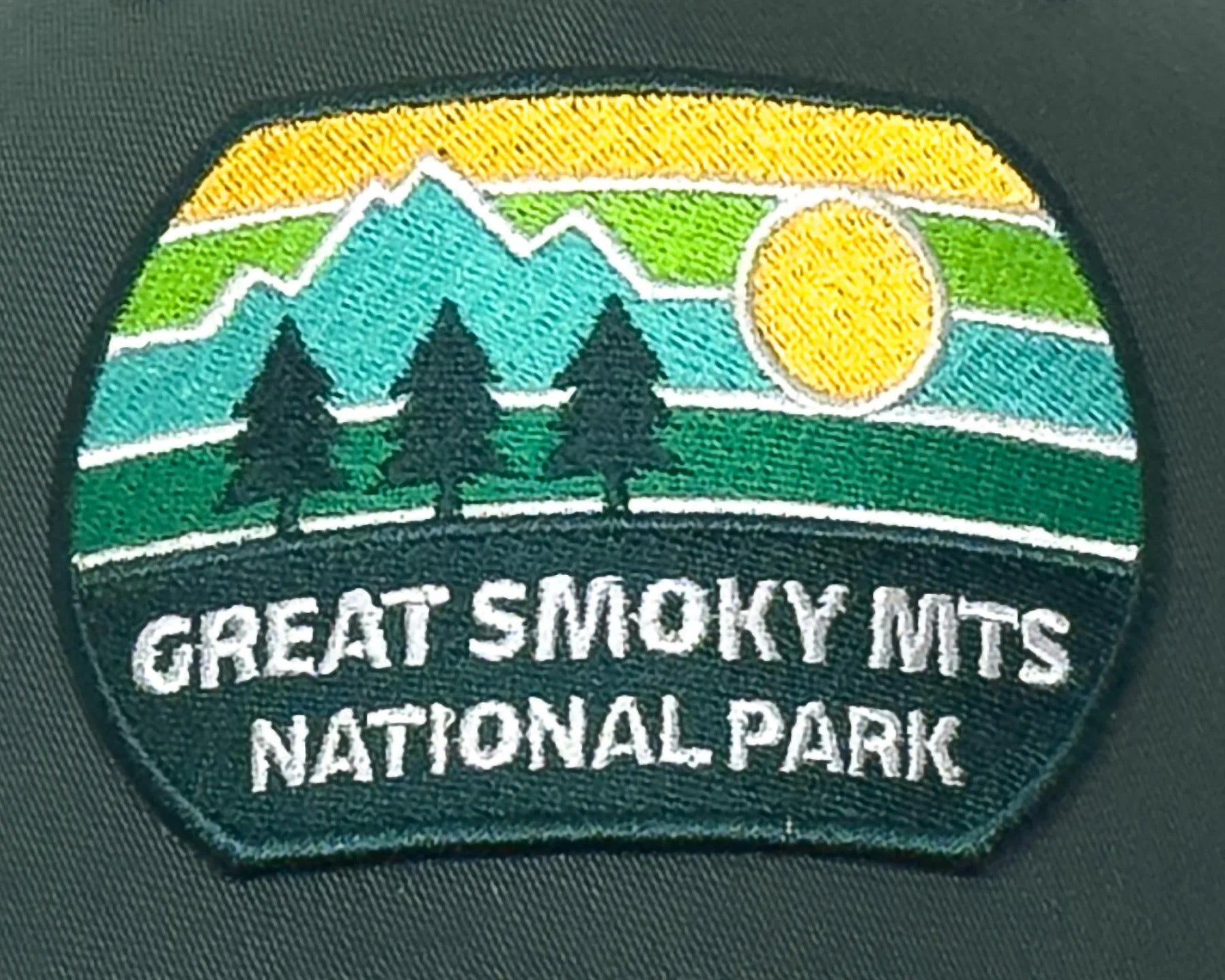 Embroidered patch of Great Smoky Mountains National Park on a dark background